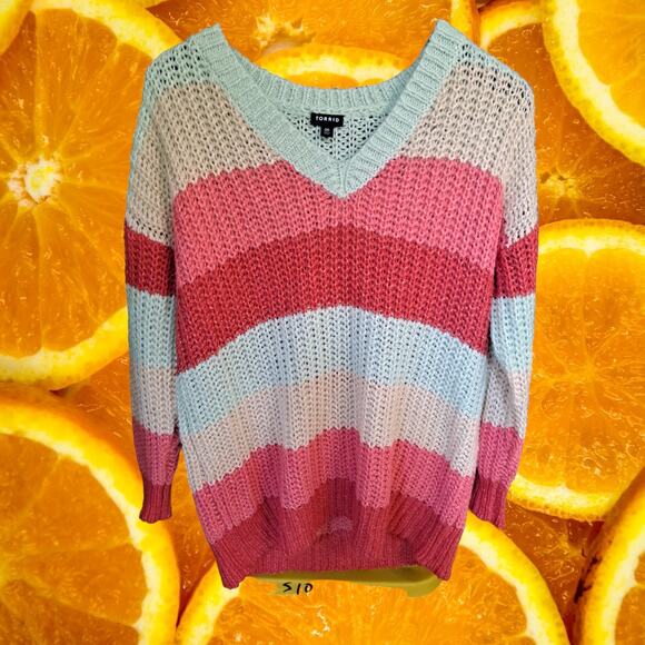 Torrid Cream and Pink V Neck Crew Knit Sweater Size 00 - Picture 4 of 6